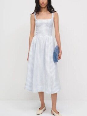 NEW Reformation Janu Midi Linen Dress Swan Stripe Blue White | US 0 / UK 4
